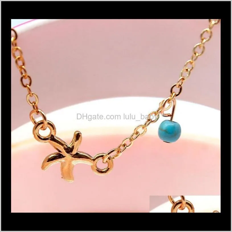 Cute Womens Anklets Starfish Turquoise Pendant Charm Metal Anklet Bracelet Barefoot Sandals For Girls/Ladies ( Gold ,Silver)
