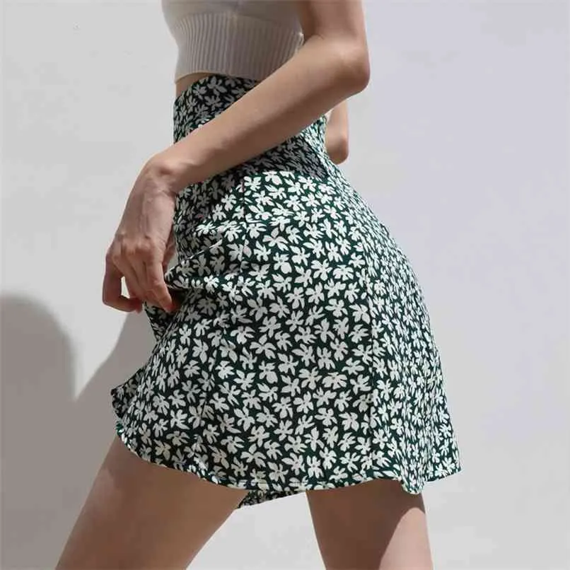 Zomer vrouwen Petite Mini Slip Groene Rok in Floral Print with Zip-Back Bevestiging 210529