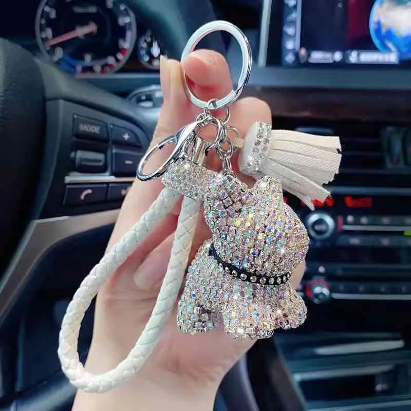 Luxe kristal franse bulldog sleutelhanger lanyard volledige strass lederen band sleutelhangers vrouwen tas charms mannen auto sleutel ring6oaj6oaj