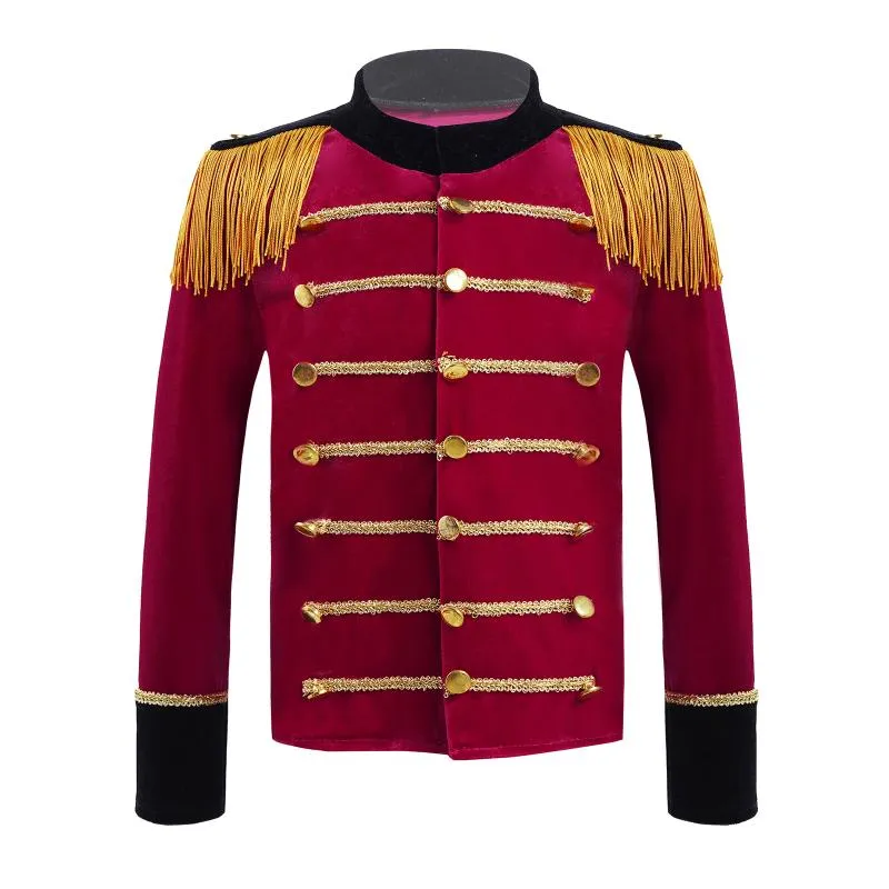 Giacche 4-16 Rosso Bambini Ragazzi Costume da circo Cappotto a maniche lunghe in velluto Treccia d'oro Nappe Tamburo Tromba Squadra Guardia d'onore Uniforme da esibizione