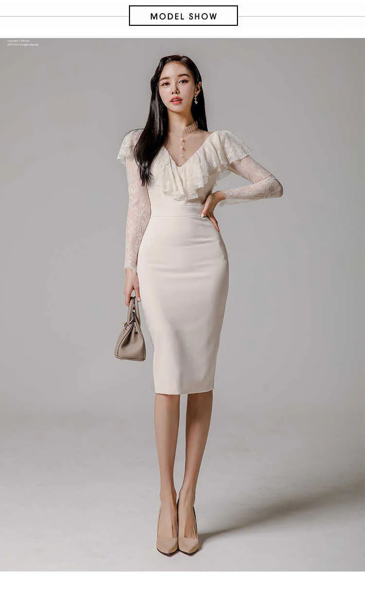 Lace Ruffles Patchwork Women Bodycon Pencil Dress Spring