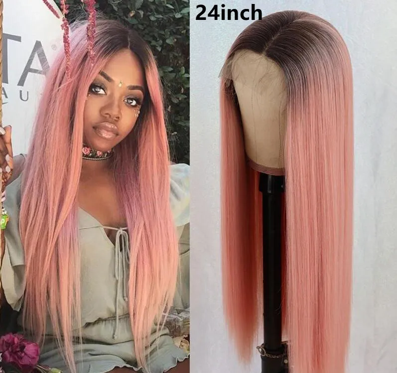 Värmebeständig Middle Part Ombre Rosa Färgkvarter Långt Hår Gluslös Silkiga Straight Lace Front Paryk Dark Roots Syntetiska Paryker För Svarta Kvinnor 24inch