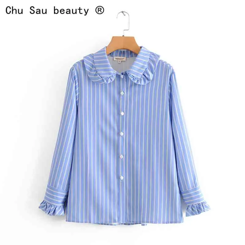 Fashion Vintage Woman Slim Peter Pan Collar Ruffled Blue Striped Long Sleeve Shirt Tops Blouses Chemise Femme 210508