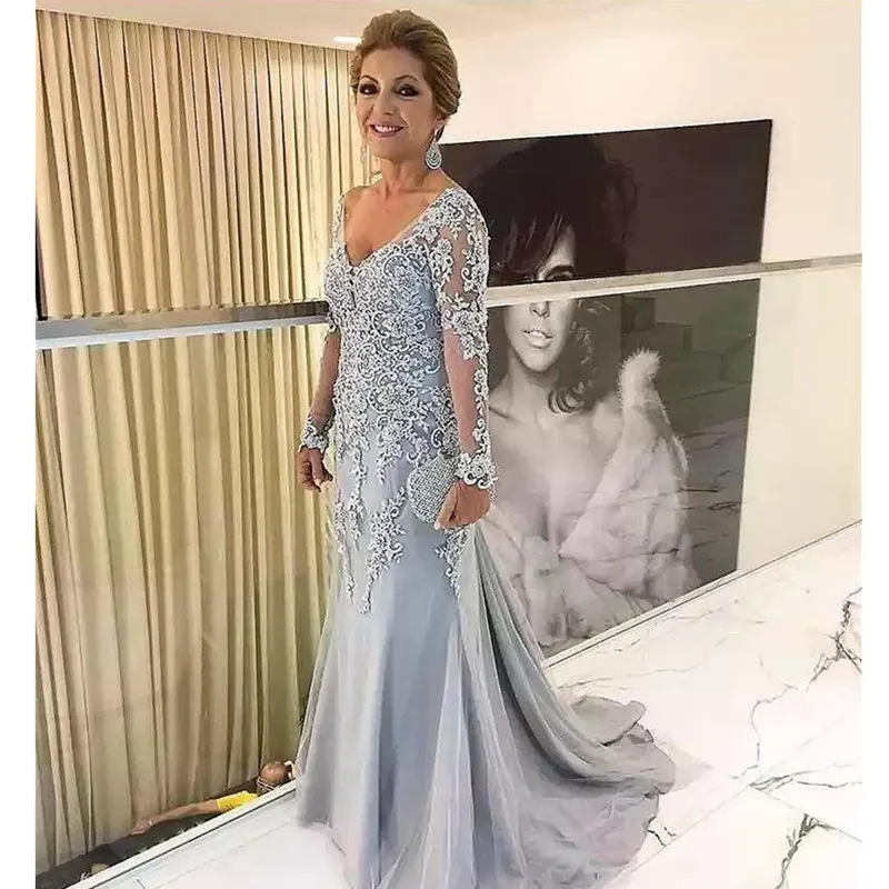 Elegant Blue Silver Mother of the Bride Dresses Long Sleeves V Neck Godmother Evening Dress Wedding Party Guest Gowns New Plus Size