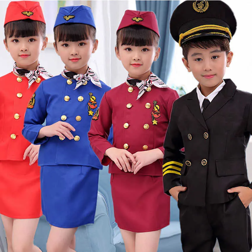 2021 Halloween carnaval fête pilote Cosplay Costumes pour enfants garçons cadeau d'anniversaire filles hôtesse de l'air robe militaire uniforme Q0910