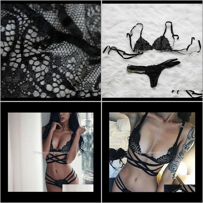 *2018 sexy lingerie bra set translucent bandage lace cross belt hollow bra intimates ladies underwear set lace panty set*