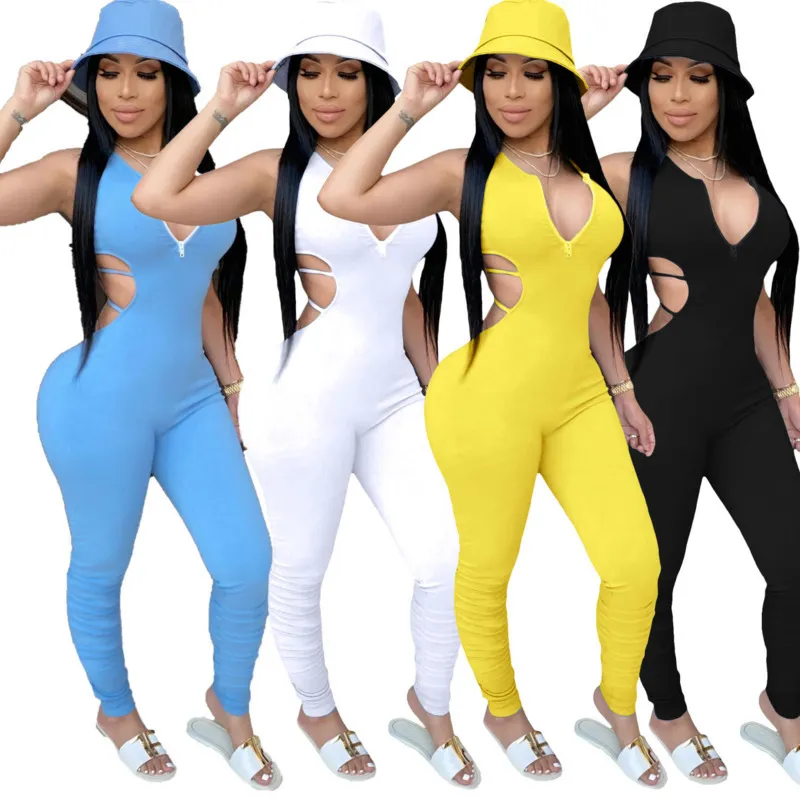 Fashion Women Halter Jumpsuits Rompers Sexy Zipper Strap Backless Pleated Lady Jumpsuit Bodysuit Onesies V-neck Hot