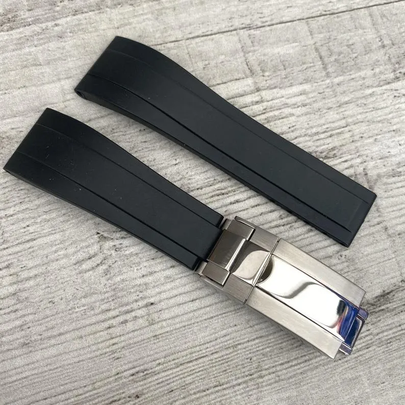 Kauçuk Silikon Watch Band Rx 111261 Gümüş Tokalı 20mm Yumuşak Siyah saat kayışı