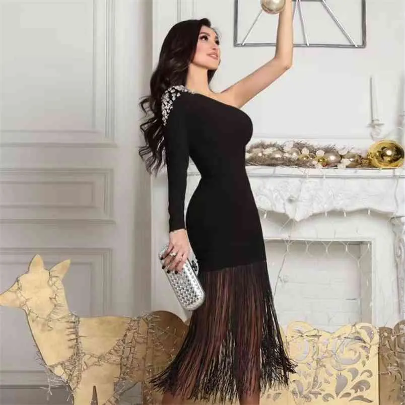 Женское платье осень зима сексуальная повязка элегантные дамы одежда черное одно плечо кисточки Bodycon Party Club платья 210515