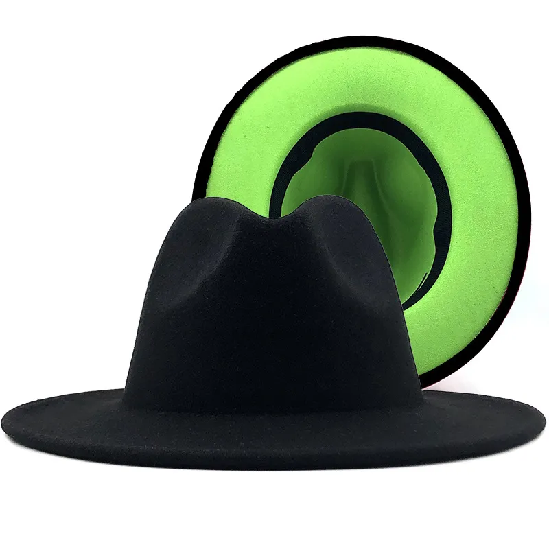 Mulheres de lã homens vintage feltro fedoras preto / verde larga brim top bonés jazz bonés europeu americano redondo tampões de bowler panam