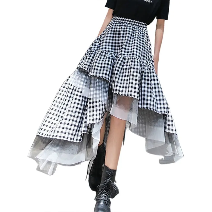 Black and white plaid tulle skirt women irregular layered skirts summer fashion Korean women's clothing 210520