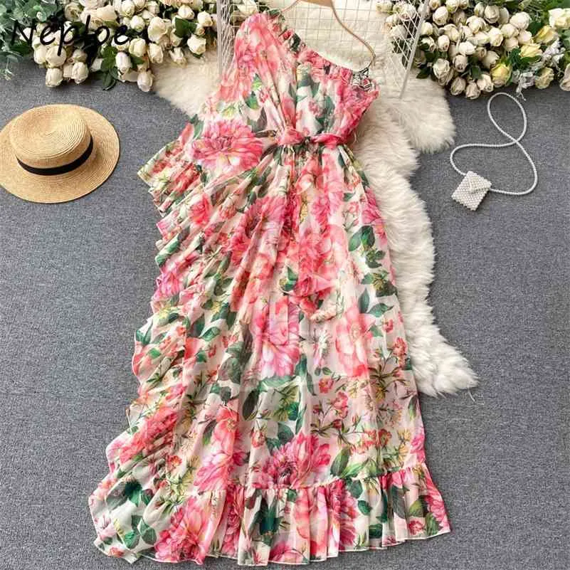 Neploe Summer Holiday Bohemian Print Long Dress Women High Waist Hip A Line Vestidos Slash Neck Shoulder Strapless Robe Slim 210630