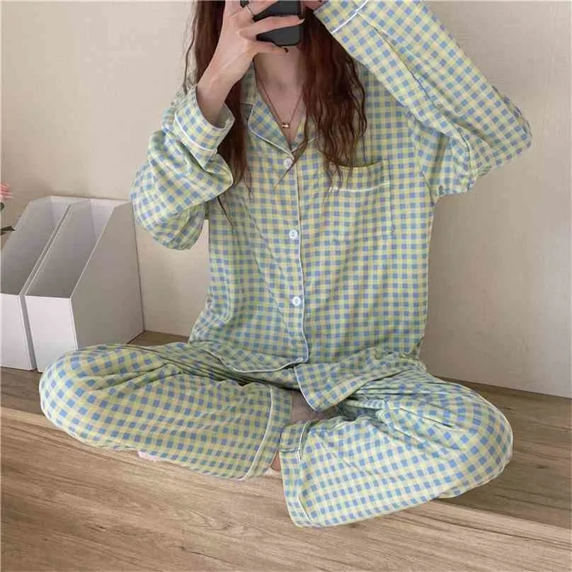 Sleepwear Women Loose Plaid Homewear Cotton Chic Femme Vintage Sweet Casual Soft Color-Hit Pyjamas Sets 210525