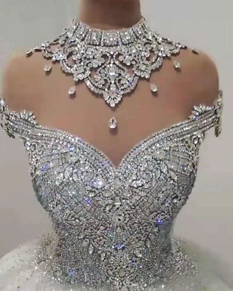 Sparkle Crystal Vestidos Novia 2022 Свадебные платья Высокая шея Роскошные свадебные платья Backless Backhole Princess Robe de Mariee