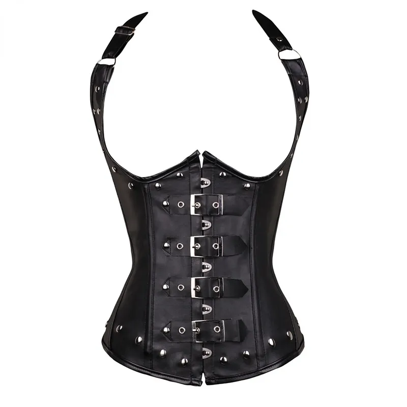 Svart Kvinnors Punk Style Spiral Steel Boned Waist Trainer Cincher Shaper Faux Läder Korsett Underbust för Party Kostymer 8256