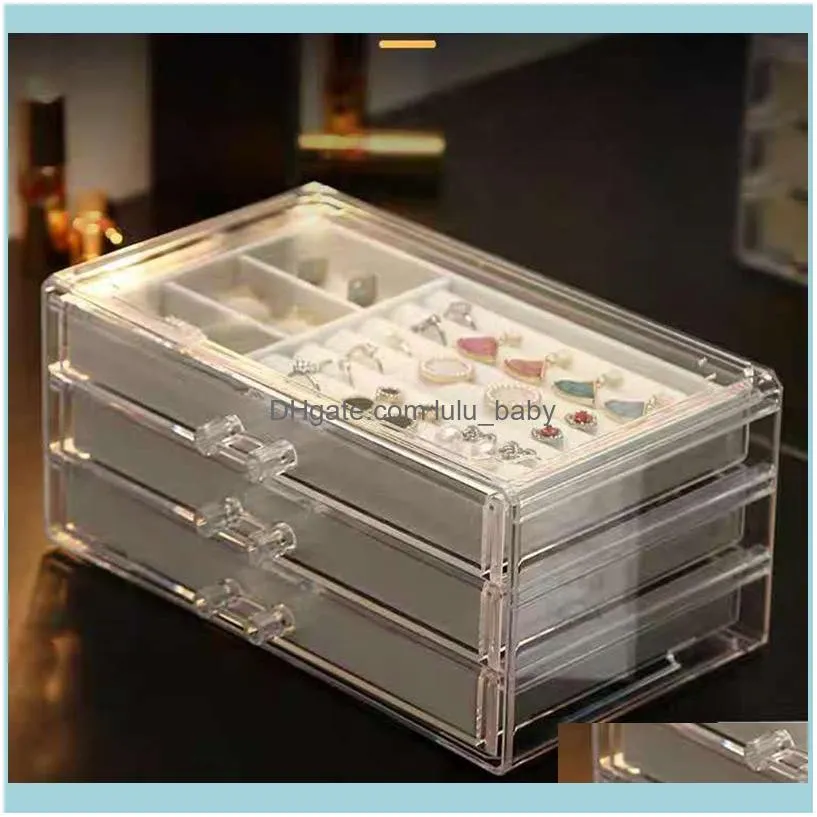 Jewelry Pouches, Bags Clear Box Acrylic Velvet Organizer For Women With 3 Drawers Ring Earring Necklace Bracelet Holder Display Stand