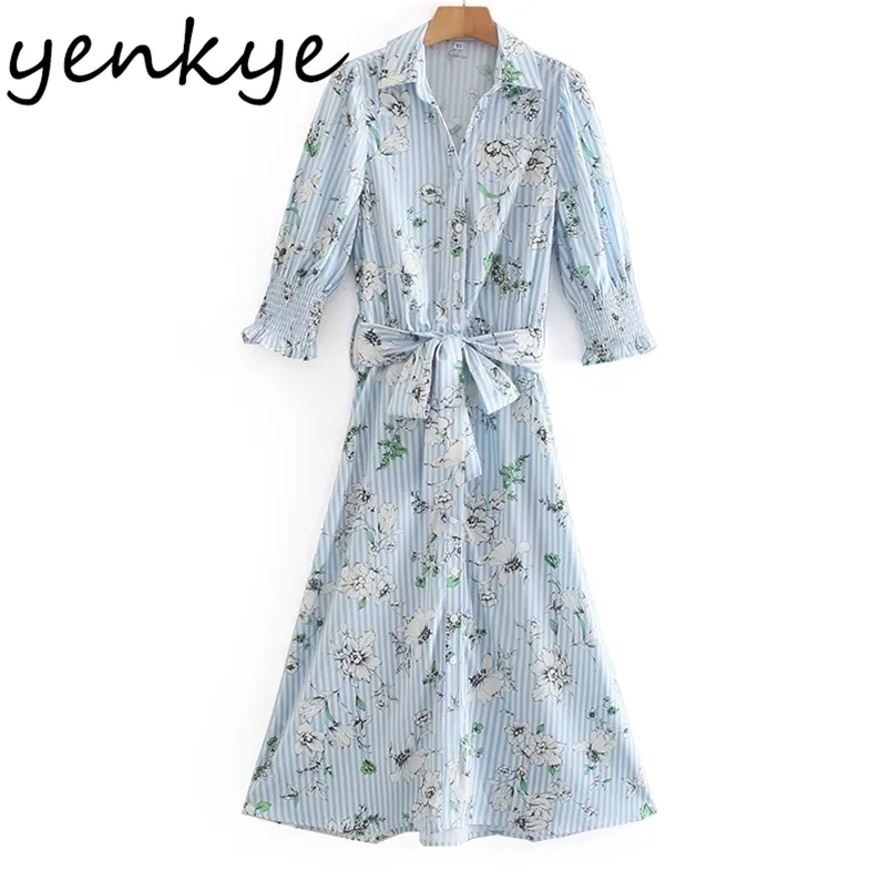 Spring Women Blue Striped Floral Print Shirt Dress Female Lapel Collar With Belt A-line Casual Vestido Plus Size 210514