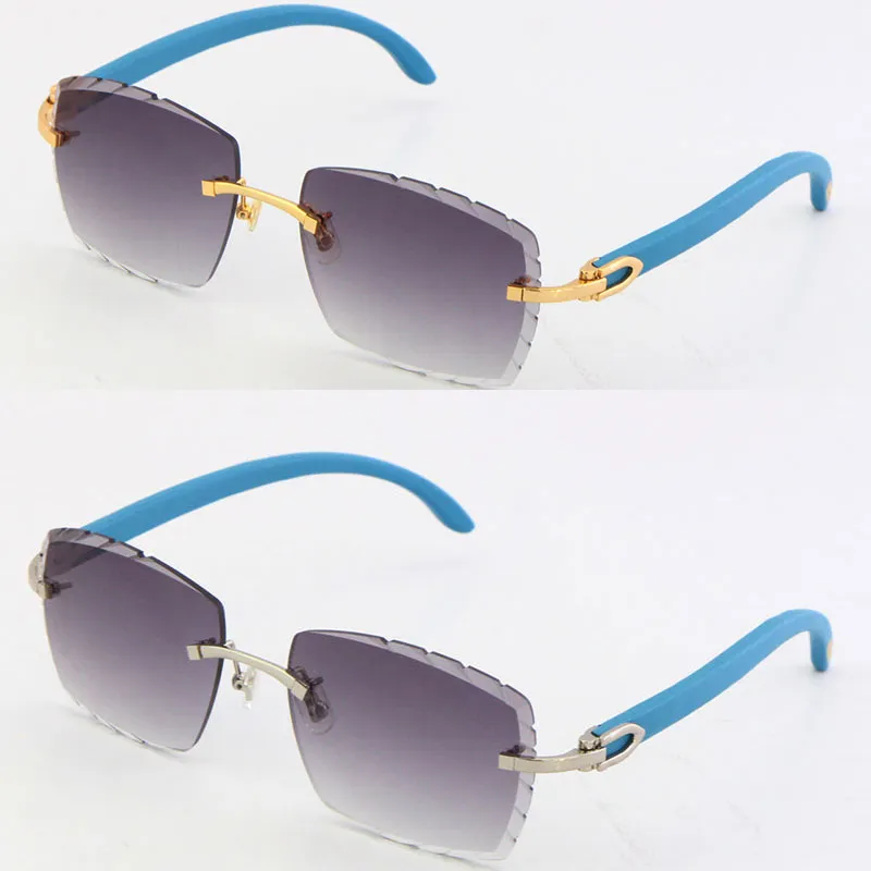 NEW Rimless Blue Wood C Decoration Vintage Luxury Sunglasses Hot Square shape face Carving Lens Unisex driving glasses 18K gold metal frame Eyewear male and female