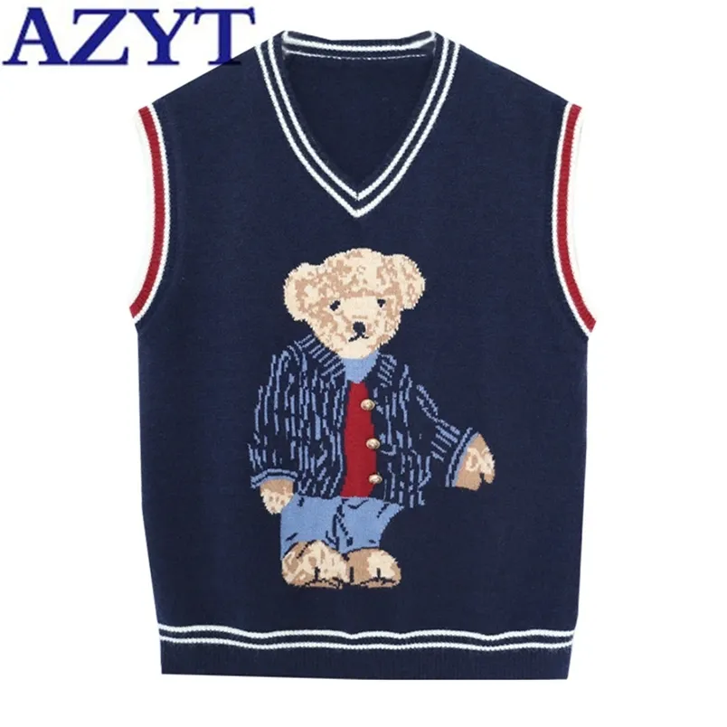 AZYT Spring Autumn Pullover Sweater Vest Women Loose V Neck Cartoon Print Knit Vest Fashion Streetwear Sleeve Jacket Female 211009