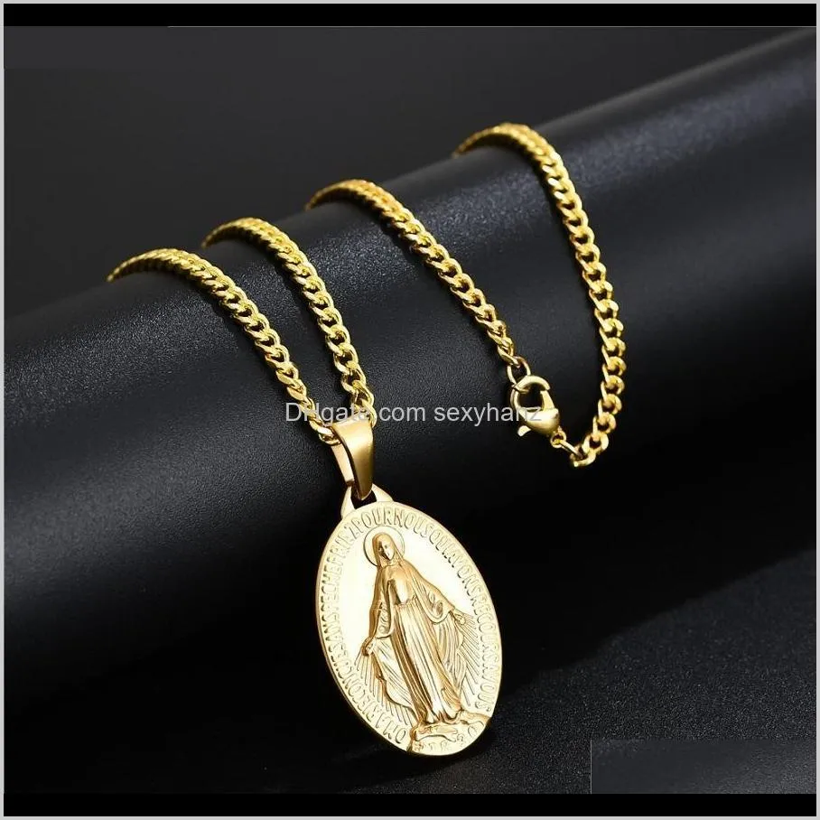 18K Gold Plated Charm Mens Women Virgin Mary Pendant Necklaces Fashion Hip Hop Jewelry 50cm long Alloy Stainless Steel Link Chain Designer Necklace For Men