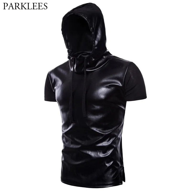 Cool Black Hoodie T Рубашка Мужчины Пэчворк PU Кожа Мода Мужские толстовки T Рубашки Хип-Хоп Хипстер Ночной клуб DJ Top Tees CamiSeta 210522