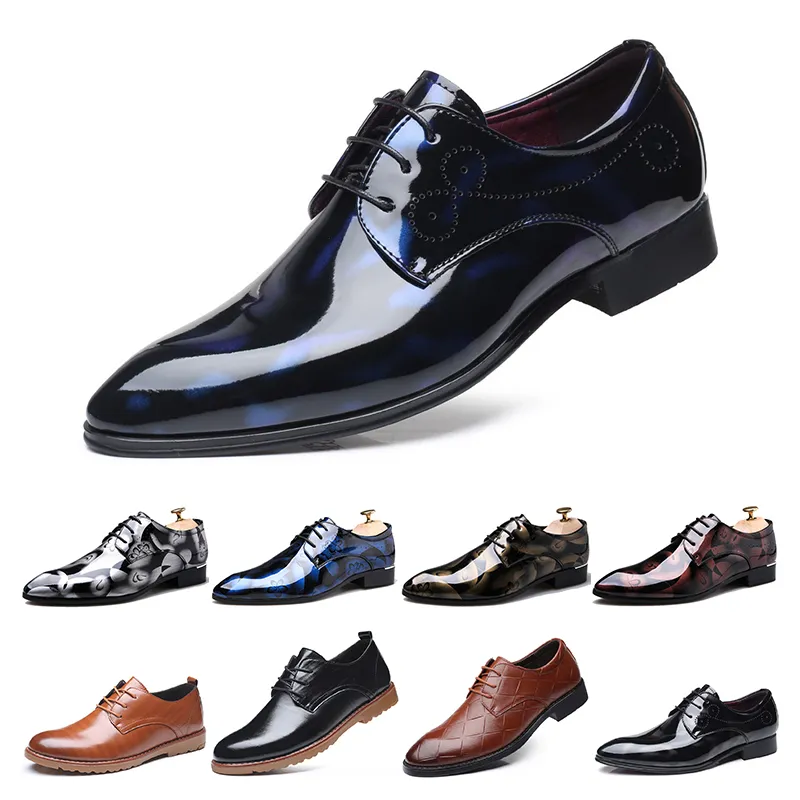 top 2022 Mens leather Dress shoes British printing navy bule black brow oxfords flat Office Party Wedding round toe