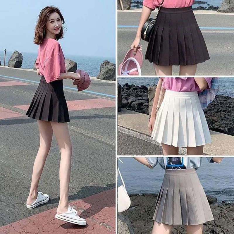 2020 listrado coreano saia plissada escola kawaii japonês saia shorts doce coreana  coreana estilo de roupas de cintura alta de um mini-linha de / Fundos ~