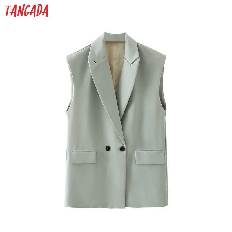 Tangada Donna Elegante Gilet Verde Gilet Cappotto con Bottoni Ufficio Donna Blazer Senza Maniche Top Doppio Petto DA84 210609