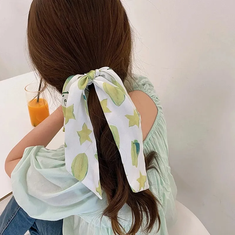 フルーツストリーマパールヘアリングロングリボンポニーテールホルダー女性のヘアバンドの女の子の弾性ヘアバンドヘアアクセサリー