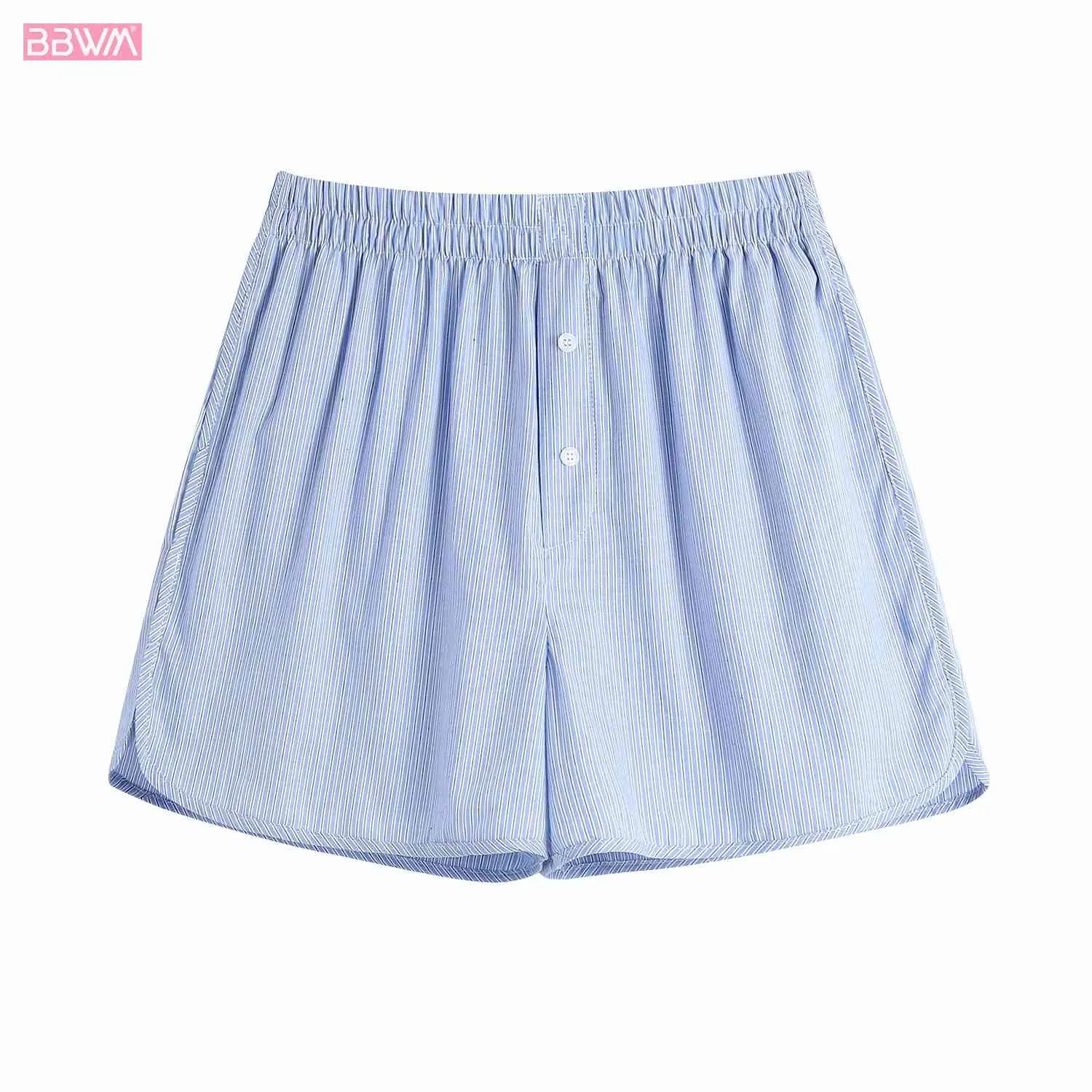 Mode kvinnor randig elastisk midja shorts vintage lös med knappar chic kvinnliga byxor 210507