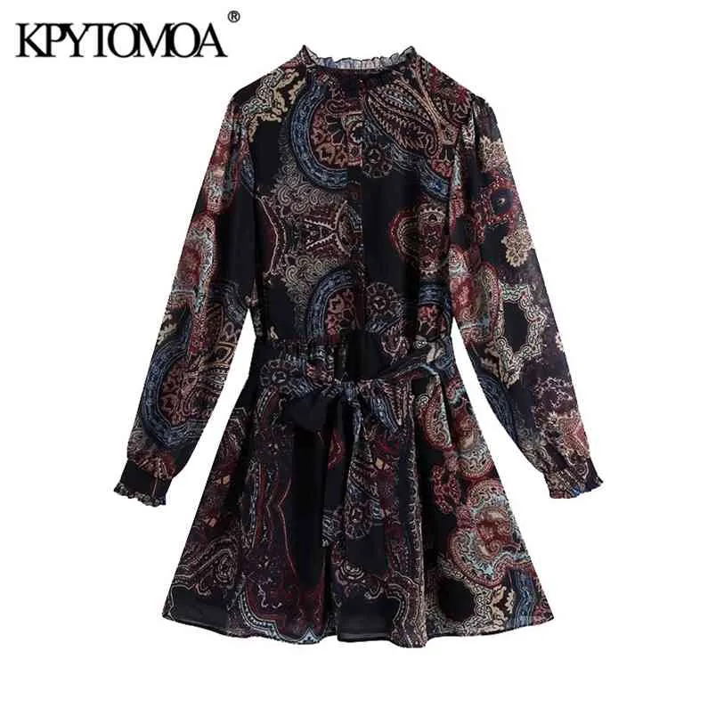 Kvinnor Mode Bow Slips Sashes Ruffled Paisley Print Mini Dress Långärmad Med Foder Kvinnor Klänningar Mujer 210420