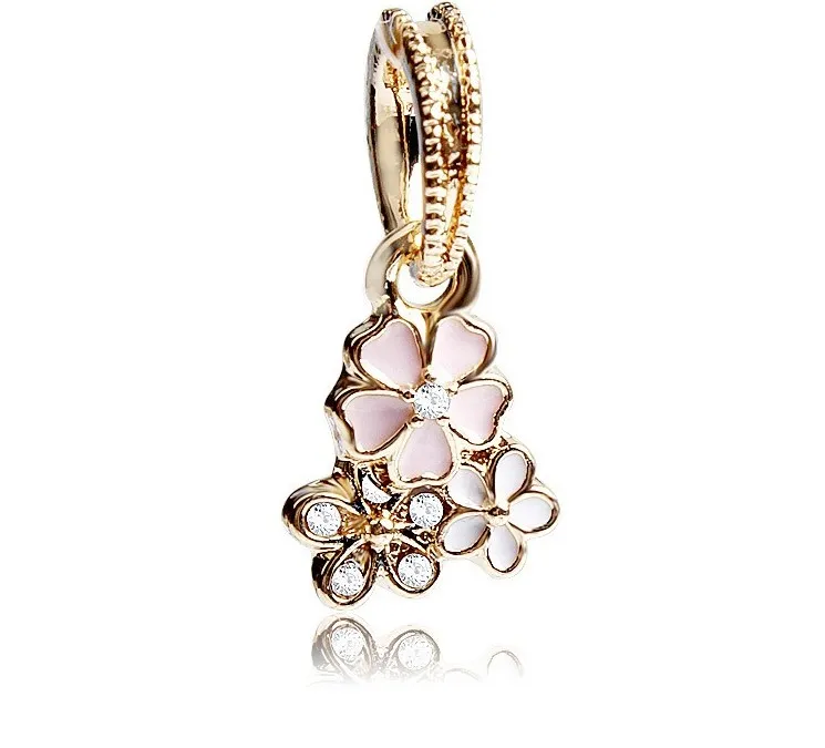 Passa Pandora Charm Armband Europeisk Silver Charms Beads Cherry Blossom Magnolia Enamel Crystal Dangle Diy Snake Chain för kvinnor Bangle Halsband Smycken