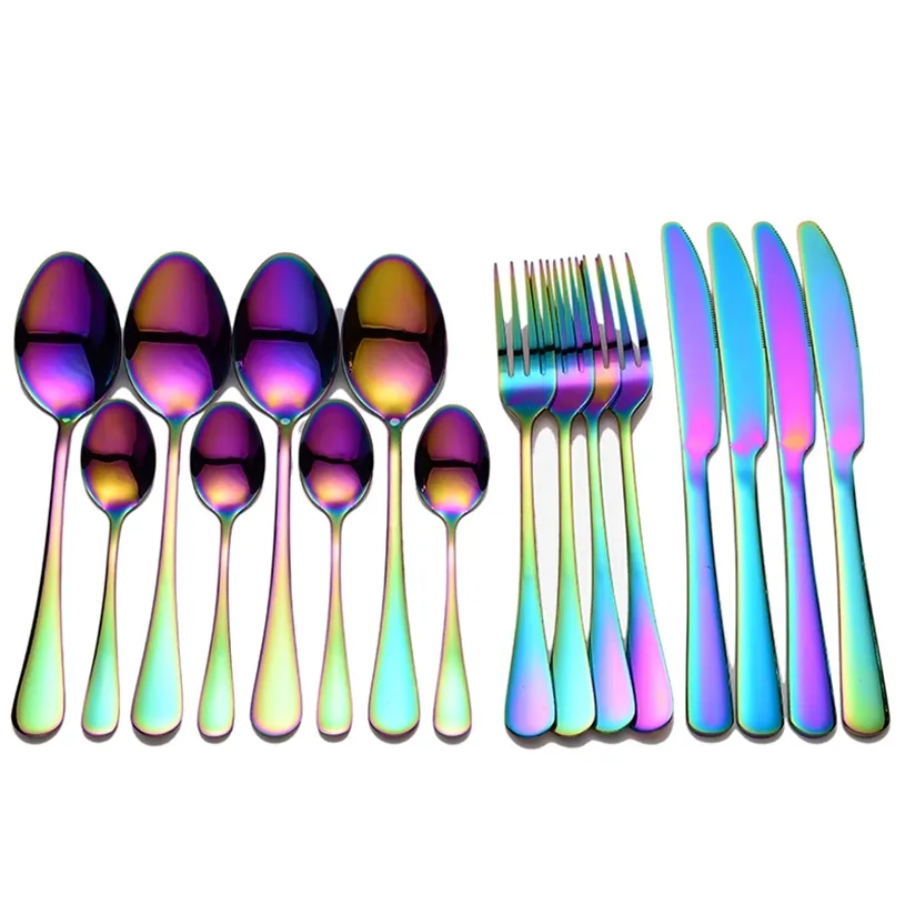 Tablewware rostfritt stål bestick set regnbåge porslin hem kök gaffel sked kniv dinnerware drop 211228