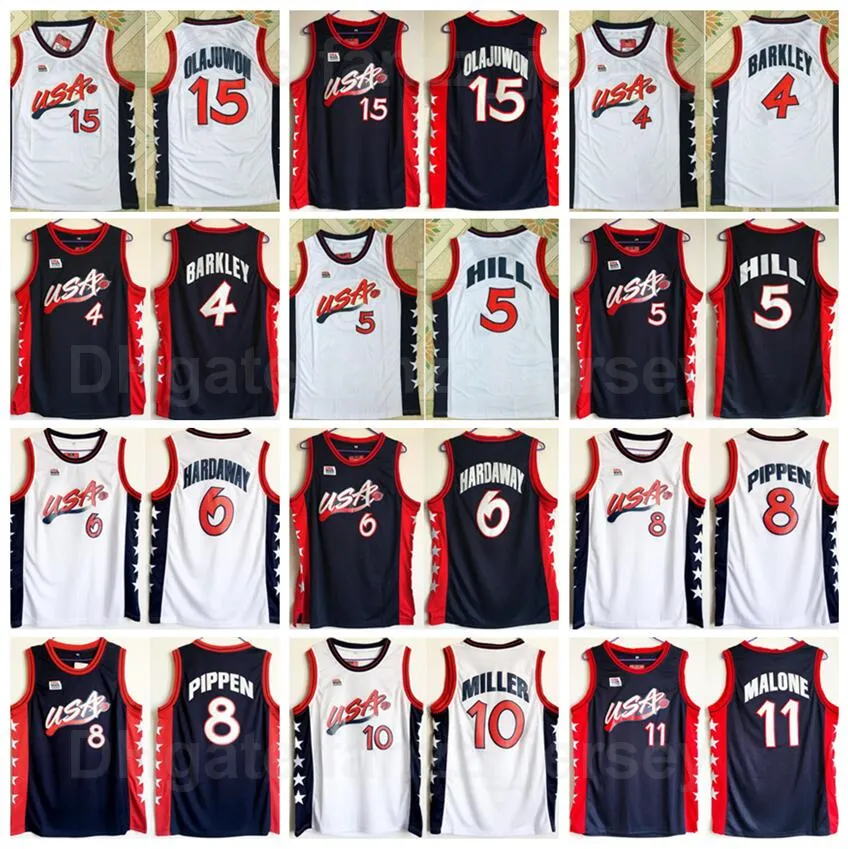 1996 US Dream Three Basketball Maillot Scottie Pippen 8 Charles Barkley 4 Penny Hardaway 6 Hakeem Olajuwon 15 Karl Malone 11 Grant Hill 5 Reggie Miller 10 Bleu Blanc