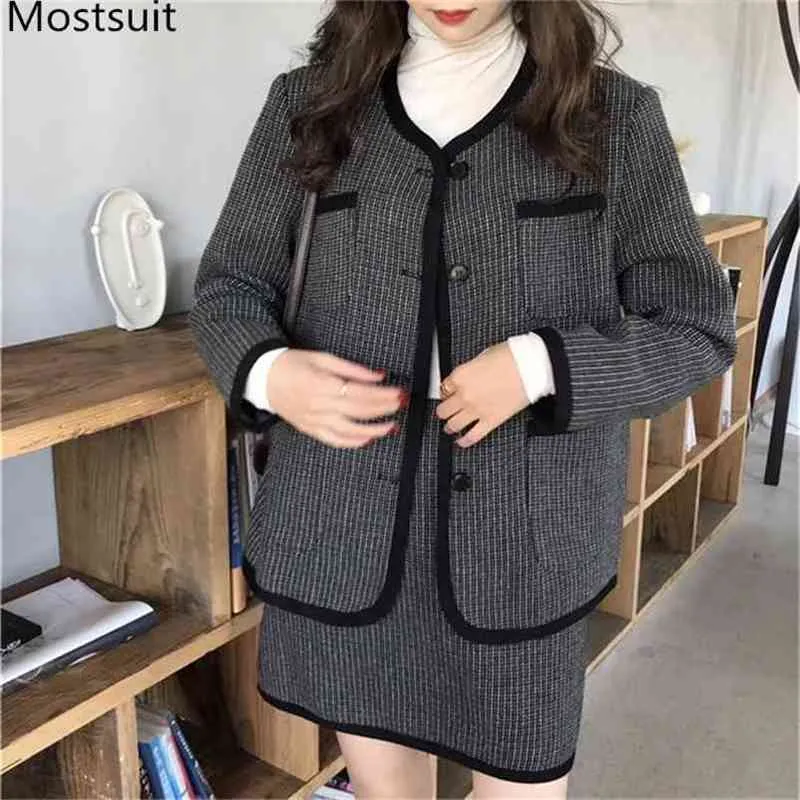 Coreano Vintage Elegante a due pezzi Set donna O-Collo Cappotto + A-line Minigonna Abiti Moda femminile Corrispondenza 210513