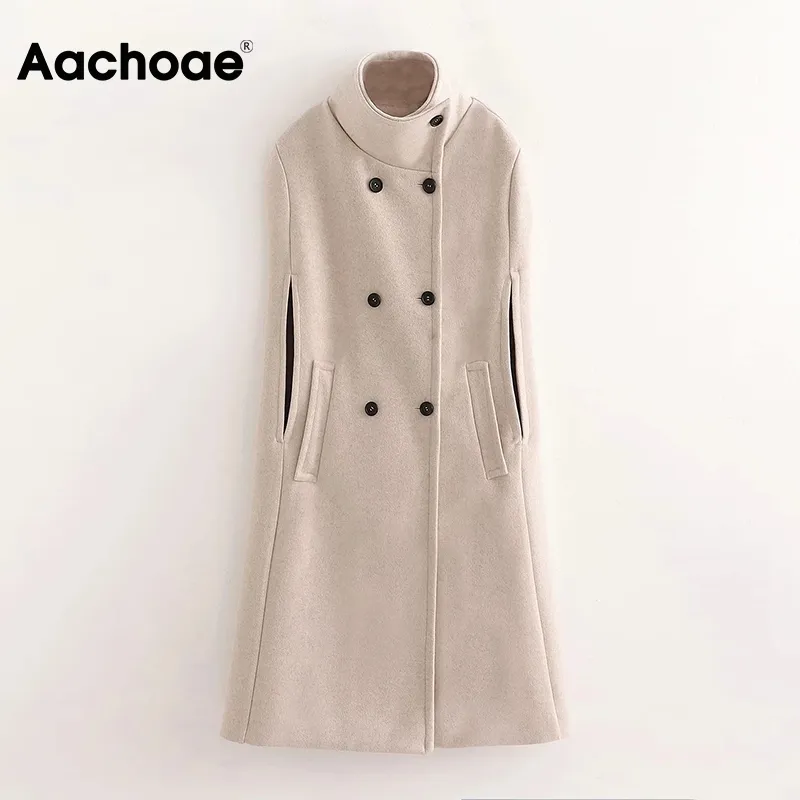 Aachoae Beige Färg Elegant Cape Coat Stand Collar Vintage Cloak Kvinnor Dubbel Breasted Solid Long Poncho Femme Höst Vår 210413