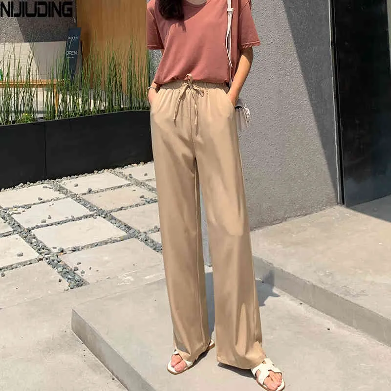 Women Wide Leg Pants Loose High Waist Solid Color Casual Vertical Pearl Yarn Soft Long Summer 210514