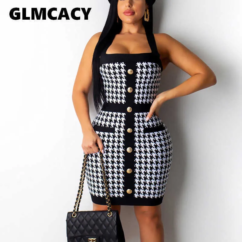 Elegant Houndstooth Halter Bodycon Dress for Women