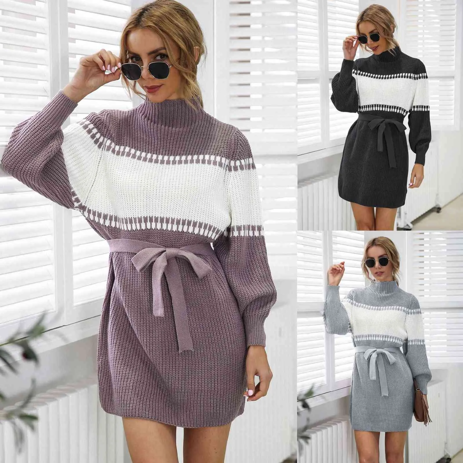 Women Knitted Sweater Dress Half High Neck Lantern Sleeve Color Block Sweater Dress Autumn Winter Blouse Y1006