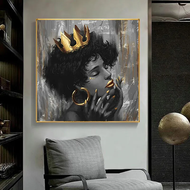 ホームベッドルームの壁の装飾絵画のためのクラウンアート絵画キャンバス絵を持つアフリカの美しい黒人女性