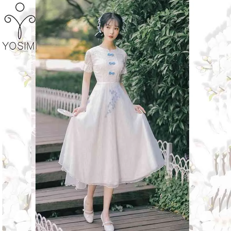 Yosimi Branco Voile e Lace Mulheres Vestido elegante Verão Chinês Cheongsam Bordado Bordado Bordado De Manga Curta Vestidos De Partido 210604