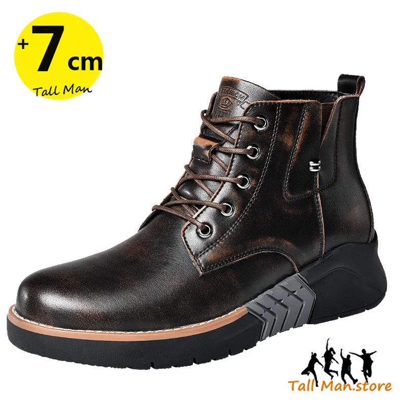 Martin Men Boots Elevator Shoes Height Heightening Man Increase Insole 7cm Leather Motorcycle Winter Fashion 220216