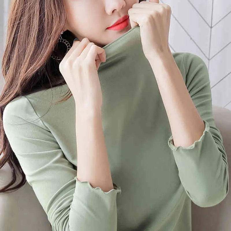 Lucyever turtleneck bottenskjortor kvinna mode ruffles ärm topp kvinnor höst koreansk stil smal blouse femme 210521