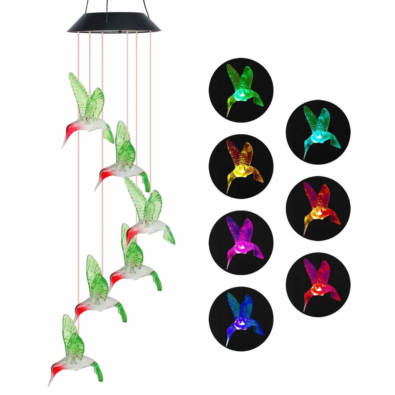 LED Solar Light Waterproof Outdoor Hanging Colorful Hummingbird Bell Wind Chimes Lamp Decor