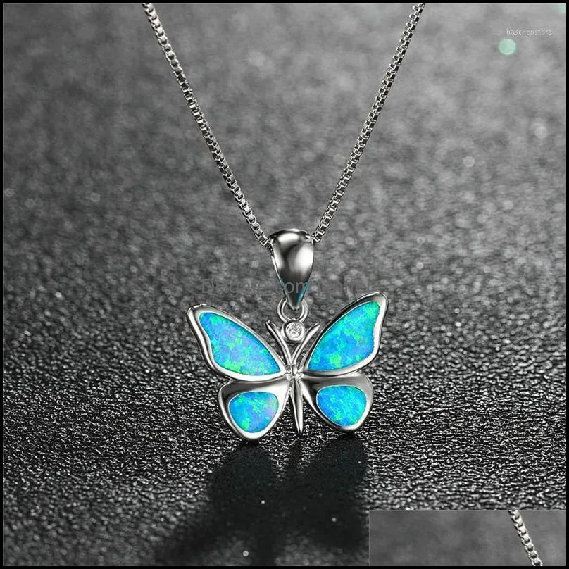 Pendentif Colliers Pendentifs Bijoux Mignon Femme Petit Papillon Collier Boho Blanc Bleu Opale Pour Les Femmes Vintage Sier Couleur De Mariage Jewelry1