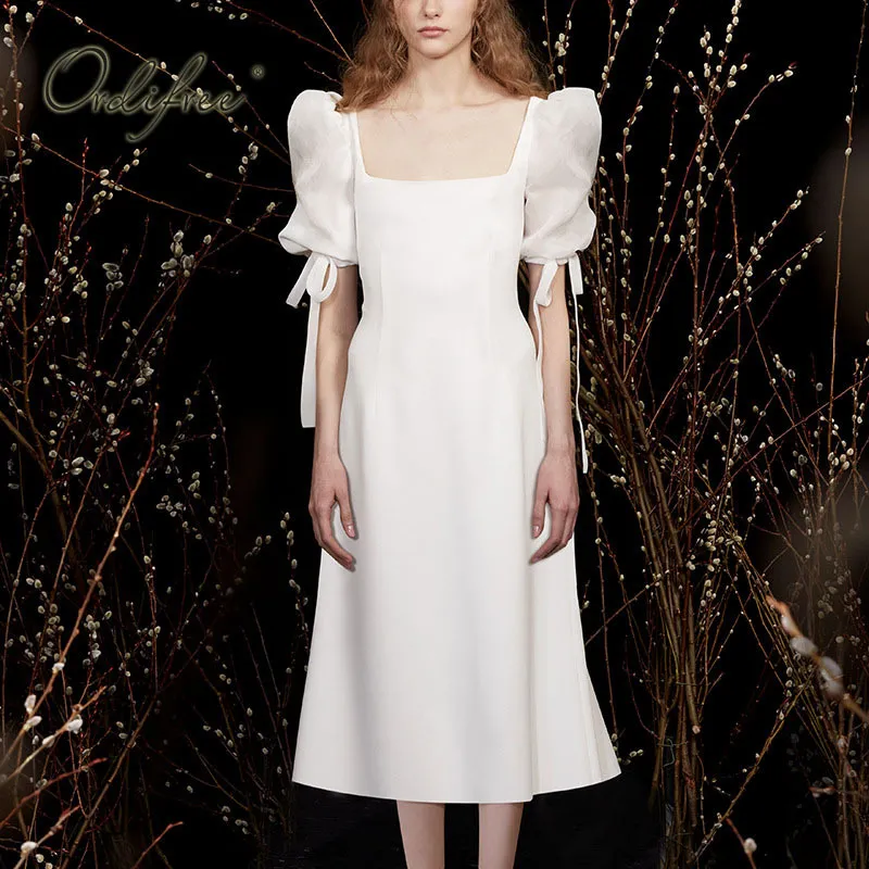Summer Women Party Short Sleeve White Elegant Lady Solid Vintage Midi Dress 210415