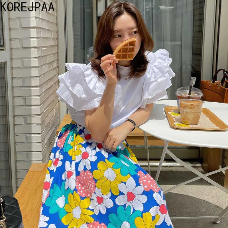 Korejpaa Women Set Summer Korean Chic Niche Temperament Round Neck Loose Flying Sleeve Shirt High Waist Color Flower Skirt 210526