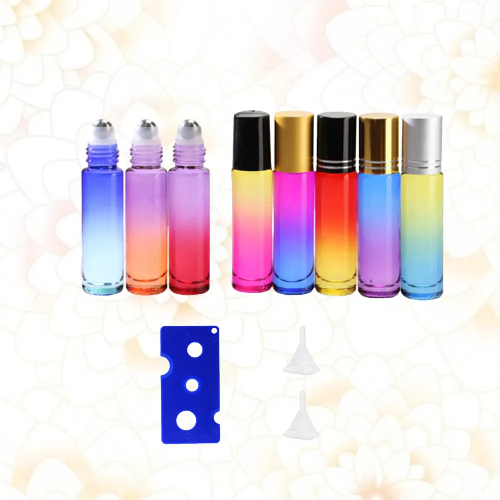 8st Roll på tomma flaskor Färgrik Gradient Glass Perfume Rollerflaska med 1PC-flasköppnare och 2PCS-tratt (slumpmässig kol