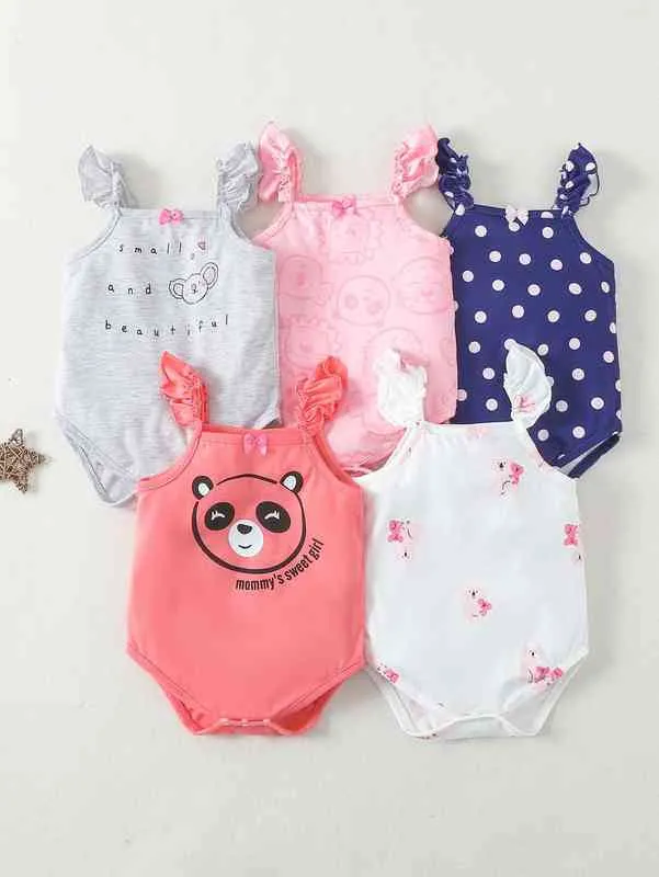 Bebê 5 pcs cartoon letra gráfico plissado guarnição bodysuit ela