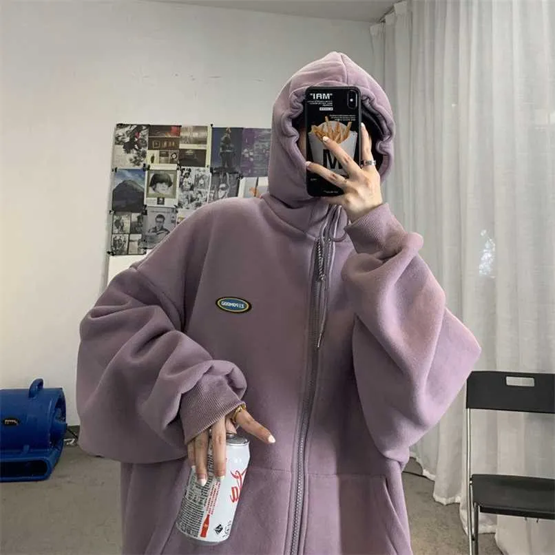 Korean Loose Fit Winter sweatshirts for women with Thick Zipper Big Pockets Solid Color Coating and Wild Hoodie for Women Style 211109